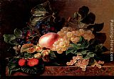 Marble Canvas Paintings - Grapes, Strawberries, a Peach, Hazelnuts and Berries in a Bowl on a marble Ledge